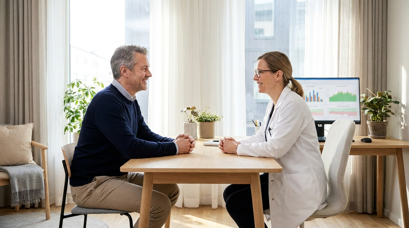 Doctor in conversation with patient in a bright, modern clinic room